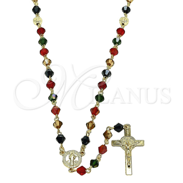 Rosario Mediano 09.469.0009.1.28 Oro Laminado, Diseño de San Benito y Crucifijo, con Cristal Multicolor, Pulido, Tono Dorado
