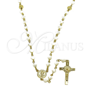 Rosario Mediano 09.469.0009.2.26 Oro Laminado, Diseño de San Benito y Crucifijo, con Cristal Marfil, Pulido, Tono Dorado