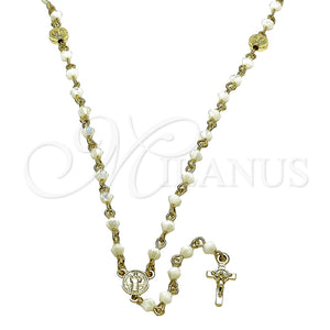 Rosario Fino 09.469.0010.22 Oro Laminado, Diseño de San Benito y Crucifijo, con Cristal Marfil, Pulido, Tono Dorado