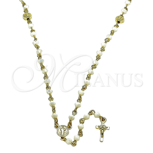 Rosario Fino 09.469.0010.22 Oro Laminado, Diseño de San Benito y Crucifijo, con Cristal Marfil, Pulido, Tono Dorado