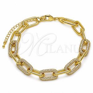 Pulsera Elegante 03.284.0070.08 Oro Laminado, Diseño de Paperclip, con Micro Pave Blanca, Pulido, Tono Dorado (Grosor 09.5 MM, 8 Pulgadas de Largo)