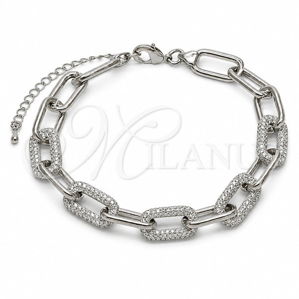 Pulsera Elegante 03.284.0070.1.08 Rodio Laminado, Diseño de Paperclip, con Micro Pave Blanca, Pulido, Rodinado (Grosor 09.5 MM, 8 Pulgadas de Largo)