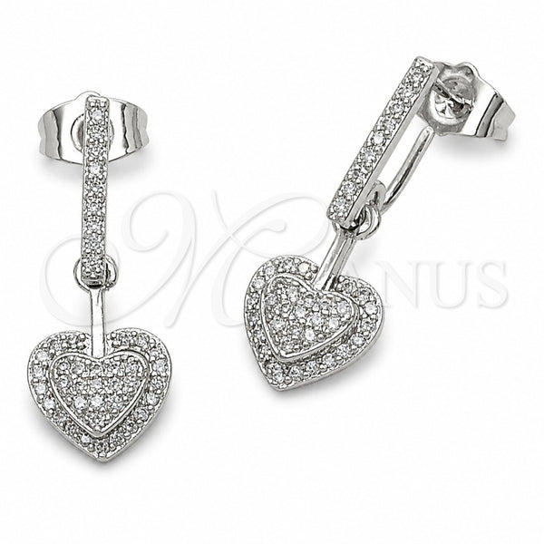 Arete Largo 02.267.0130 Rodio Laminado, Diseño de Corazón, con Zirconia Cubica Blanca, Pulido, Rodinado