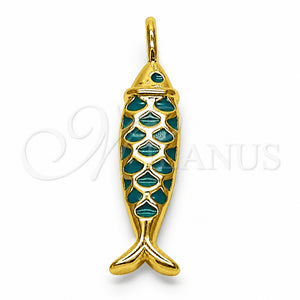 Dije Elegante 05.459.0075 Oro Laminado, Diseño de Pescado, Esmaltado Turquesa, Tono Dorado