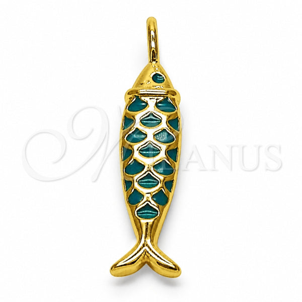 Dije Elegante 05.459.0075 Oro Laminado, Diseño de Pescado, Esmaltado Turquesa, Tono Dorado