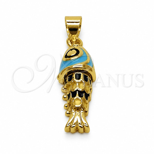 Dije Elegante 05.459.0023.3 Oro Laminado, Diseño de Pescado, Esmaltado Azul claro, Tono Dorado