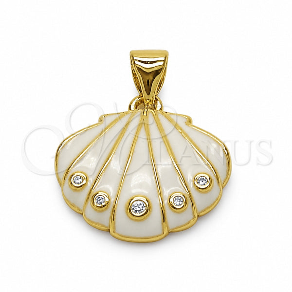 Dije Elegante 05.459.0084 Oro Laminado, Diseño de Concha, con Zirconia Cubica Blanca, Esmaltado Blanco, Tono Dorado