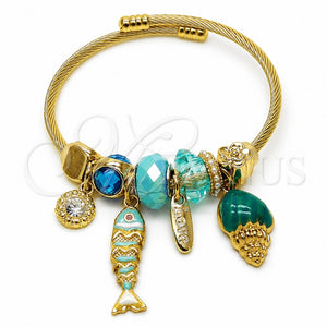 Aro Individual 07.464.0059 Acero Inoxidable, Diseño de Pescado y Caracol, con Cristal Indicolite y Crystal, Esmaltado Turquesa, Tono Dorado (Grosor 03 MM, Talla Unica)