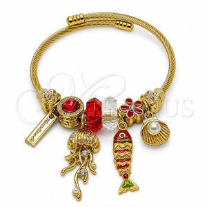 Aro Individual 07.464.0060 Acero Inoxidable, Diseño de Pescado y Concha, con Cristal Siam y Crystal, Esmaltado Rojo, Tono Dorado (Grosor 03 MM, Talla Unica)
