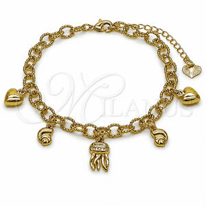 Pulsera de Dije 03.282.0015.07 Oro Laminado, Diseño de Corazón y Caracol, con Micro Pave Blanca, Diamantado, Tono Dorado (Grosor 05.5 MM, 7 Pulgadas de Largo)