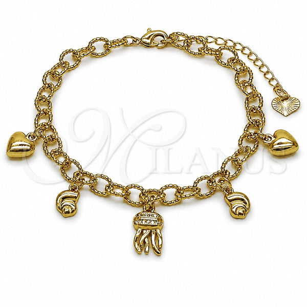 Pulsera de Dije 03.282.0015.07 Oro Laminado, Diseño de Corazón y Caracol, con Micro Pave Blanca, Diamantado, Tono Dorado (Grosor 05.5 MM, 7 Pulgadas de Largo)