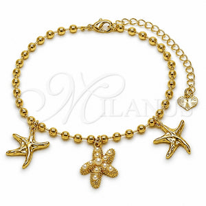 Pulsera de Dije 03.282.0017.07 Oro Laminado, Diseño de Estrella y Pescado, con Perla Marfil, Pulido, Tono Dorado (Grosor 03 MM, 7 Pulgadas de Largo)