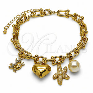 Pulsera de Dije 03.282.0018.07 Oro Laminado, Diseño de Corazón y Estrella, con Perla Marfil y Micro Pave Blanca, Pulido, Tono Dorado (Grosor 07 MM, 7 Pulgadas de Largo)
