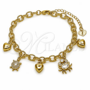 Pulsera de Dije 03.282.0019.07 Oro Laminado, Diseño de Tortuga y Corazón, con Zirconia Cubica Blanca y Micro Pave Blanca, Diamantado, Tono Dorado (Grosor 05.5 MM, 7 Pulgadas de Largo)