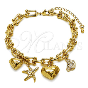 Pulsera de Dije 03.282.0020.07 Oro Laminado, Diseño de Corazón y Estrella, con Micro Pave Blanca y Zirconia Cubica Negro, Pulido, Tono Dorado (Grosor 07 MM, 7 Pulgadas de Largo)