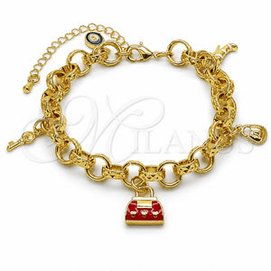 Pulsera de Dije 03.282.0021.07 Oro Laminado, Diseño de Maleta y Candado, Esmaltado Rojo, Tono Dorado (Grosor 09 MM, 8 Pulgadas de Largo)