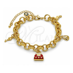 Pulsera de Dije 03.282.0021.07 Oro Laminado, Diseño de Maleta y Candado, Esmaltado Rojo, Tono Dorado (Grosor 09 MM, 8 Pulgadas de Largo)