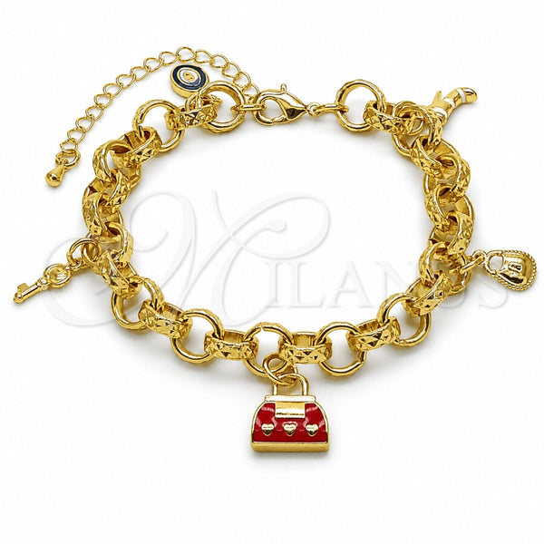 Pulsera de Dije 03.282.0021.07 Oro Laminado, Diseño de Maleta y Candado, Esmaltado Rojo, Tono Dorado (Grosor 09 MM, 8 Pulgadas de Largo)