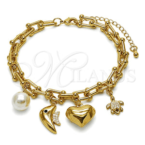 Pulsera de Dije 03.282.0022.07 Oro Laminado, Diseño de Corazón y Pescado, con Zirconia Cubica Negro y Micro Pave Blanca, Pulido, Tono Dorado (Grosor 07 MM, 7 Pulgadas de Largo)