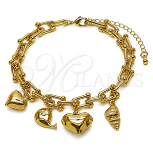 Pulsera de Dije 03.282.0023.07 Oro Laminado, Diseño de Corazón y Caracol, con Zirconia Cubica Negro, Pulido, Tono Dorado (Grosor 07 MM, 7 Pulgadas de Largo)