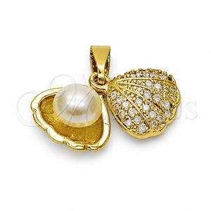 Dije Elegante 05.282.0001 Oro Laminado, Diseño de Concha y Bola, con Micro Pave Blanca y Perla Marfil, Pulido, Tono Dorado