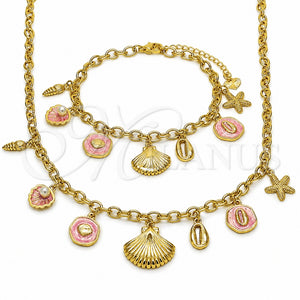 Collar y Pulsera 06.282.0007.18 Oro Laminado, Diseño de Concha y Pescado, con Perla Marfil, Esmaltado Rosado Oscuro, Tono Dorado