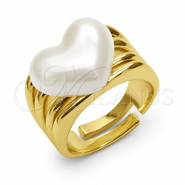 Anillo Multi Piedra 01.438.0020 Oro Laminado, Diseño de Corazón, con Perla Marfil, Pulido, Tono Dorado (Talla Unica)