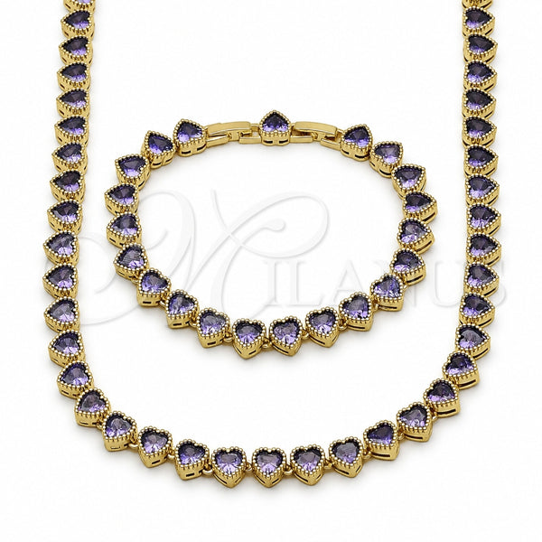 Collar y Pulsera 06.282.0011.2.18 Oro Laminado, Diseño de Corazón, con Zirconia Cubica Amatista, Pulido, Tono Dorado