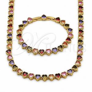 Collar y Pulsera 06.282.0011.3.18 Oro Laminado, Diseño de Corazón, con Zirconia Cubica Multicolor, Pulido, Tono Dorado