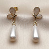 Arete Colgante 02.282.0192 Oro Laminado, Diseño de Mariposa y Gota, con Perla Marfil, Esmaltado Blanco, Tono Dorado