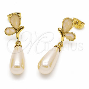 Arete Colgante 02.282.0192 Oro Laminado, Diseño de Mariposa y Gota, con Perla Marfil, Esmaltado Blanco, Tono Dorado