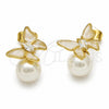 Arete Dormilona 02.282.0194 Oro Laminado, Diseño de Mariposa y Bola, con Perla Marfil y Zirconia Cubica Blanca, Esmaltado Blanco, Tono Dorado