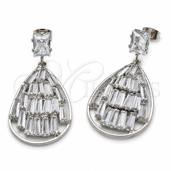 Arete Colgante 02.282.0196 Rodio Laminado, Diseño de Gota y Baguette, con Zirconia Cubica Blanca, Pulido, Rodinado