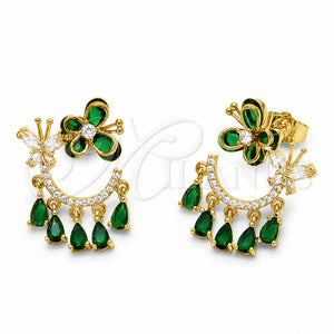Arete Largo 02.282.0179.1 Oro Laminado, Diseño de Mariposa y Gota, con Zirconia Cubica Verde y Blanca, Pulido, Tono Dorado