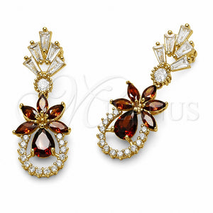Arete Largo 02.282.0199 Oro Laminado, Diseño de Ãrbol y Flor, con Zirconia Cubica Granate y Blanca, Pulido, Tono Dorado