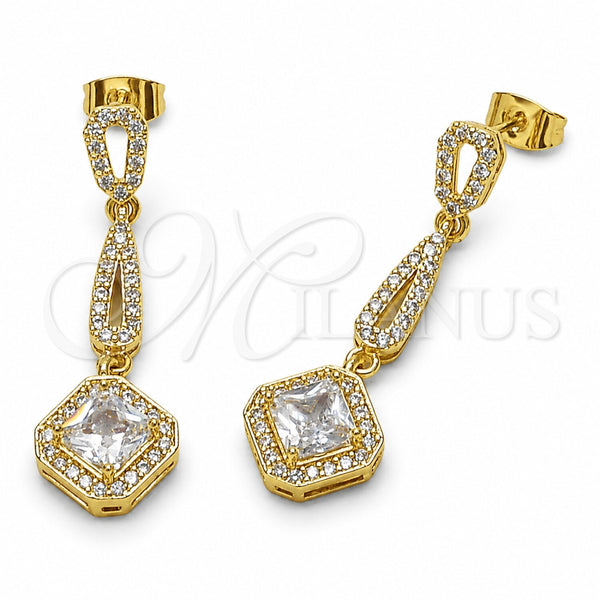 Arete Largo 02.282.0139.1 Oro Laminado, Diseño de Cluster, con Micro Pave Blanca y Zirconia Cubica Blanca, Pulido, Tono Dorado