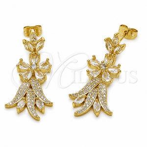 Arete Largo 02.282.0200 Oro Laminado, Diseño de Oja y Flor, con Zirconia Cubica Blanca, Pulido, Tono Dorado