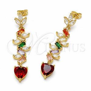 Arete Largo 02.282.0202 Oro Laminado, Diseño de Corazón y Oja, con Zirconia Cubica Multicolor, Pulido, Tono Dorado