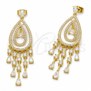 Arete Largo 02.282.0205 Oro Laminado, Diseño de Gota y Cluster, con Zirconia Cubica Blanca y Micro Pave Blanca, Pulido, Tono Dorado
