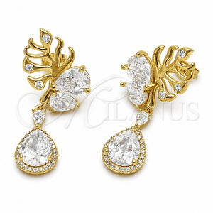 Arete Largo 02.282.0142.1 Oro Laminado, Diseño de Oja y Gota, con Micro Pave Blanca y Zirconia Cubica Blanca, Pulido, Tono Dorado