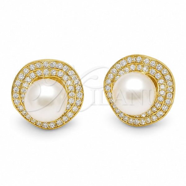 Arete Dormilona 02.282.0206 Oro Laminado, Diseño de Bola, con Perla Marfil y Zirconia Cubica Blanca, Pulido, Tono Dorado