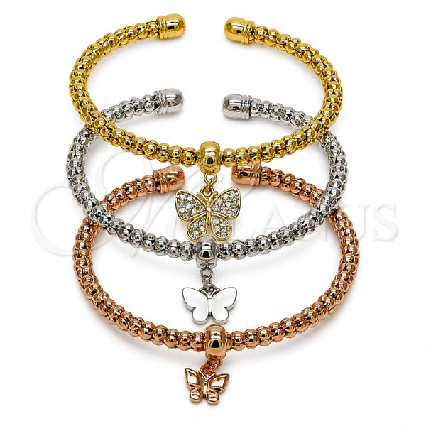 Aro Trio 07.282.0120 Oro Laminado, Diseño de Mariposa y Bola, con Zirconia Cubica Blanca, Pulido, Tres Tonos (Grosor 04.6 MM, Talla Unica)