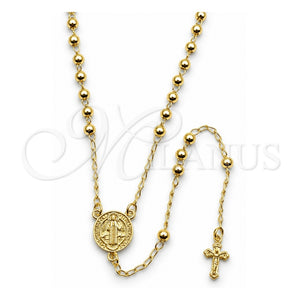 Rosario Fino 09.213.0079.24 Oro Laminado, Diseño de San Benito y Crucifijo, Pulido, Tono Dorado