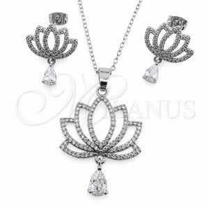 Juego de Arete y Dije de Adulto 10.264.0005 Oro Laminado Blanco, Diseño de Flor y Gota, con Zirconia Cubica Blanca y Micro Pave Blanca, Pulido, Rodinado