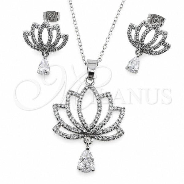 Juego de Arete y Dije de Adulto 10.264.0005 Oro Laminado Blanco, Diseño de Flor y Gota, con Zirconia Cubica Blanca y Micro Pave Blanca, Pulido, Rodinado