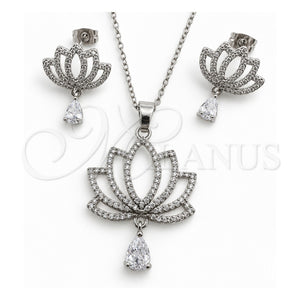Juego de Arete y Dije de Adulto 10.264.0005 Oro Laminado Blanco, Diseño de Flor y Gota, con Zirconia Cubica Blanca y Micro Pave Blanca, Pulido, Rodinado