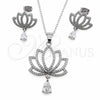 Juego de Arete y Dije de Adulto 10.264.0005 Oro Laminado Blanco, Diseño de Flor y Gota, con Zirconia Cubica Blanca y Micro Pave Blanca, Pulido, Rodinado