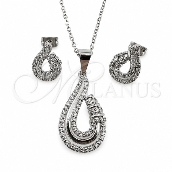 Juego de Arete y Dije de Adulto 10.264.0008 Oro Laminado Blanco, Diseño de Gota, con Zirconia Cubica Blanca y Micro Pave Blanca, Pulido, Rodinado