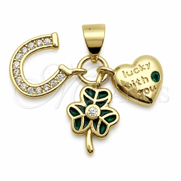 Dije Elegante 05.459.0091 Oro Laminado, Diseño de Herradura y Corazón, con Zirconia Cubica Verde y Blanca, Esmaltado Verde, Tono Dorado