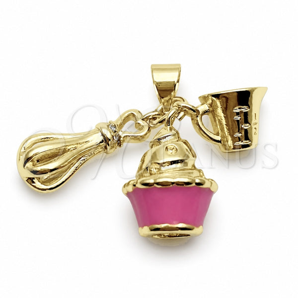 Dije Elegante 05.459.0096 Oro Laminado, Diseño de Cupcake, con Zirconia Cubica Blanca, Esmaltado Rosado, Tono Dorado